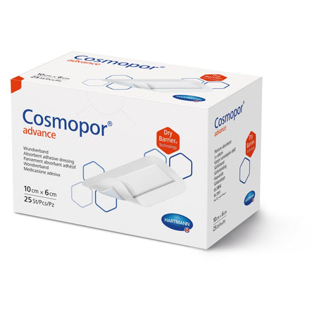 Verpackung des Cosmopor Advance Wundverbandes 10 × 6 cm, 25 Stück, mit DryBarrier® Technologie.