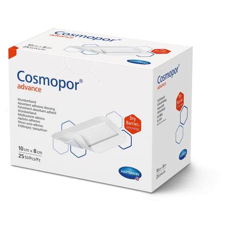 Verpackung des Cosmopor Advance Wundverbandes 10 × 8 cm, 25 Stück, mit DryBarrier® Technologie.