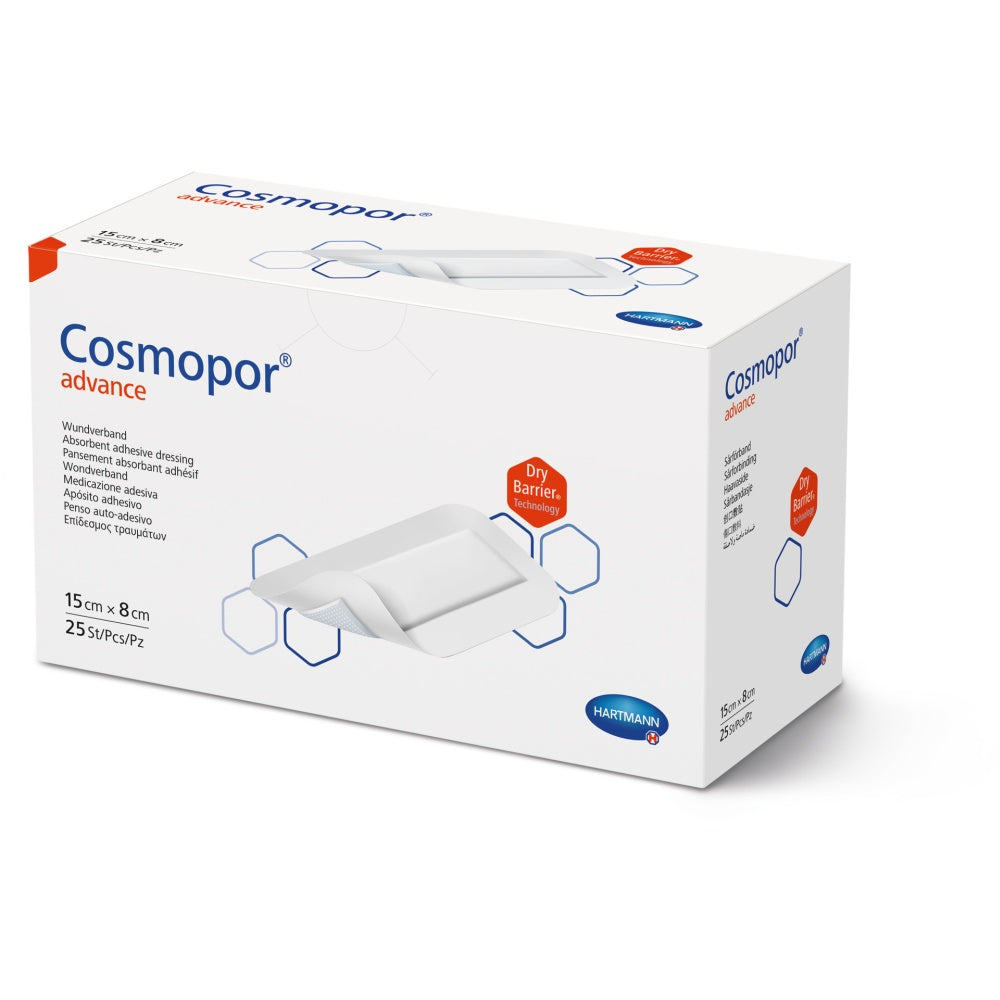 Cosmopor Advance Wundverband 15 × 8 cm, 25 Stück, in Originalverpackung mit DryBarrier® Hinweis.