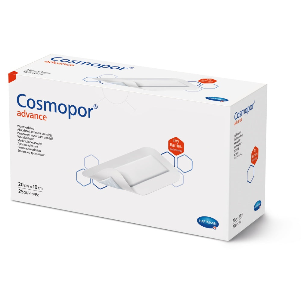 Cosmopor Advance Wundverband 20 × 10 cm, 25 Stück – Produktverpackung mit DryBarrier® Technologie.