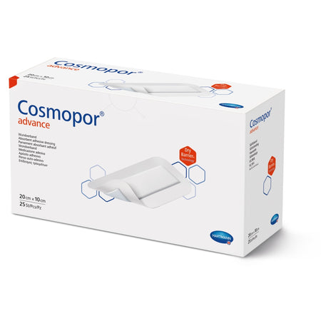 Cosmopor Advance Wundverband 20 × 10 cm, 25 Stück – Produktverpackung mit DryBarrier® Technologie.