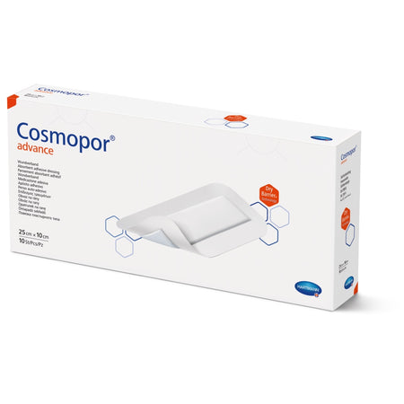 Verpackung des Cosmopor Advance Wundverbandes 25 × 10 cm, 10 Stück – mit DryBarrier® Technologie.