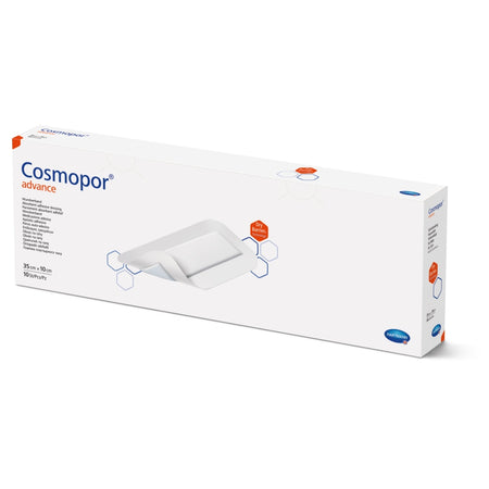 Produktverpackung des Cosmopor Advance Wundverbandes 35 × 10 cm, 10 Stück – ideal für größere Wunden.