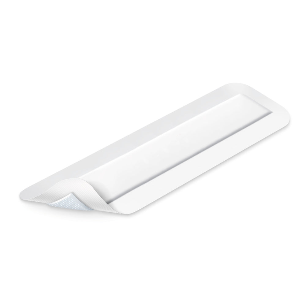 Cosmopor Advance Verband 35 × 10 cm – entfaltet, mit DryBarrier® Schichten sichtbar dargestellt.