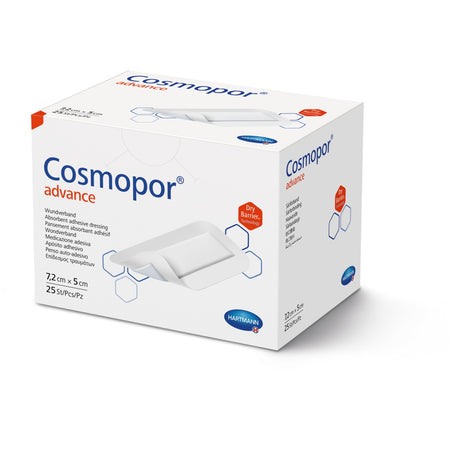 Verpackung des Cosmopor Advance Wundverbandes 7,2 × 5 cm, 25 Stück, mit DryBarrier® Technologie.