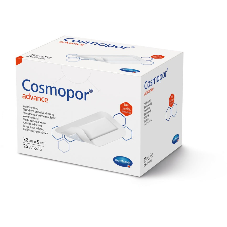 Verpackung des Cosmopor Advance Wundverbandes 7,2 × 5 cm, 25 Stück, mit DryBarrier® Technologie.