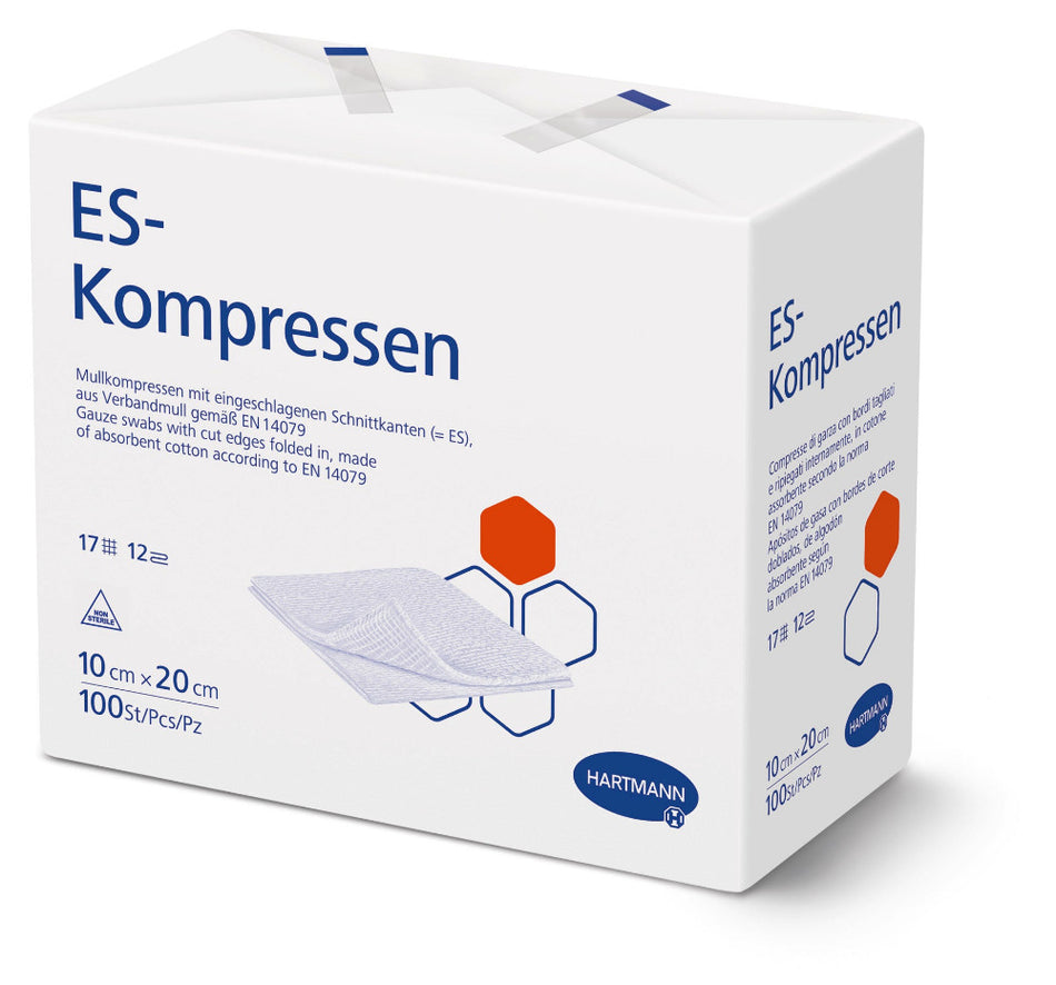 Packung ES-Kompressen 10×20 cm von Hartmann mit 100 Stück in weißer Verpackung, schräge Vorderansicht.