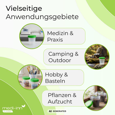 Vielseitige Anwendungsbereiche für Urinbecher mit grünem Schraubdeckel – Medizin und Praxis, Camping und Outdoor, Hobby und Basteln sowie Pflanzenaufzucht