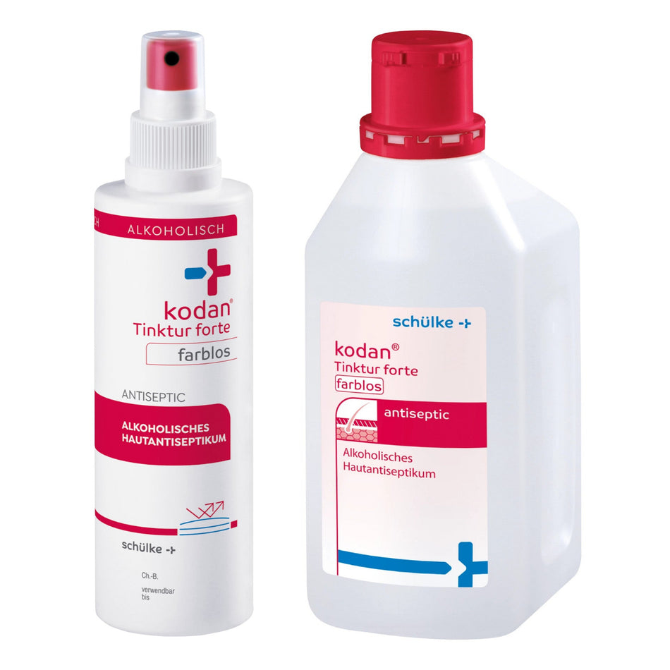 Kodan Tinktur forte farblos als alkoholisches Hautantiseptikum in 250-ml-Sprühflasche und 1000-ml-Flasche