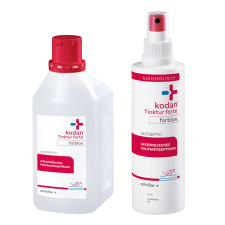 Kodan Tinktur forte farblos als alkoholisches Hautantiseptikum in 250-ml-Sprühflasche und 1000-ml-Flasche