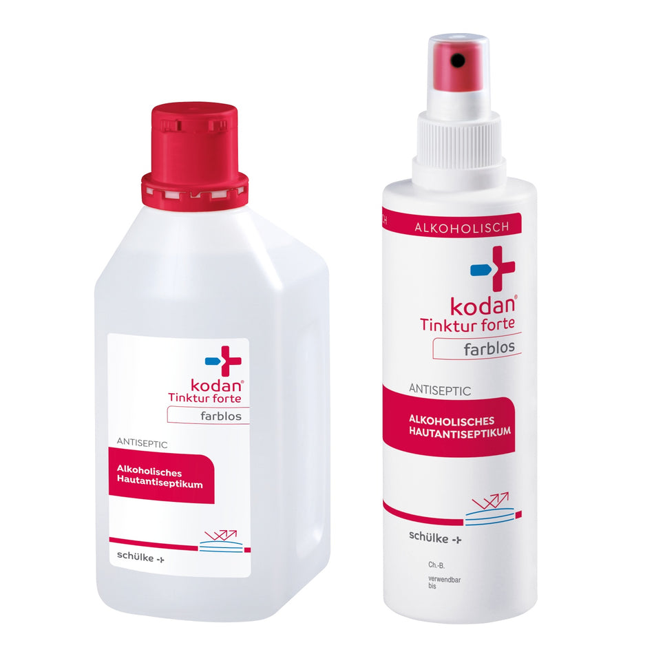 Kodan Tinktur forte farblos als alkoholisches Hautantiseptikum in 250-ml-Sprühflasche und 1000-ml-Flasche