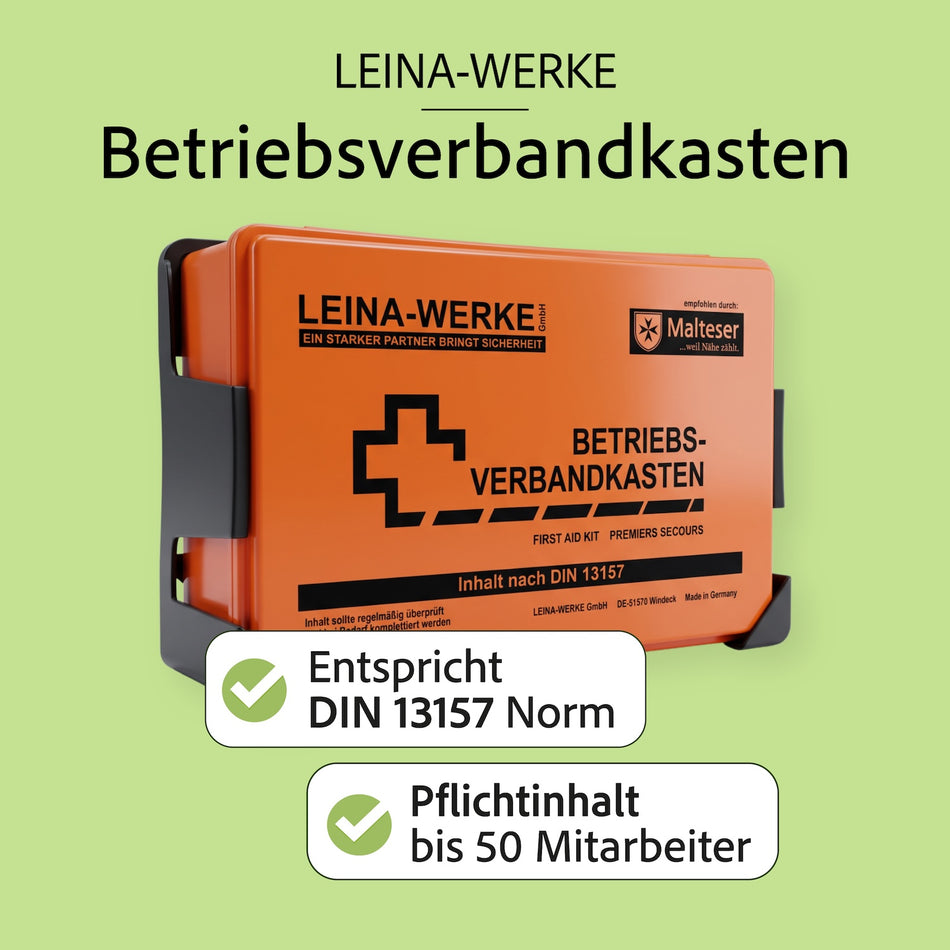 Leina Werke Betriebsverbandkasten: Entspricht DIN 13157 Norm, Pflichtinhalt bis 50 Mitarbeiter