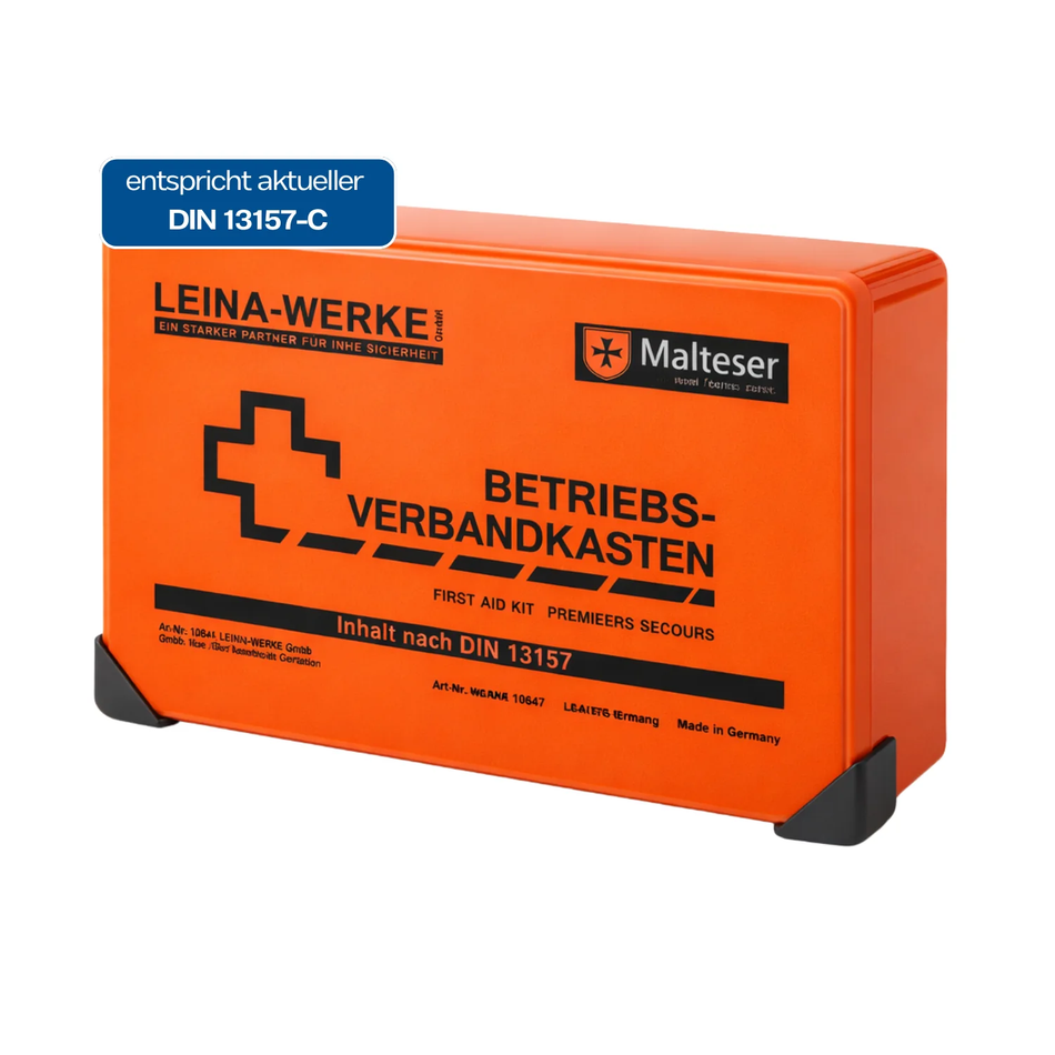 LEINA-WERKE Betriebsverbandkasten Typ C DIN 13157 in Orange, schräg von vorn