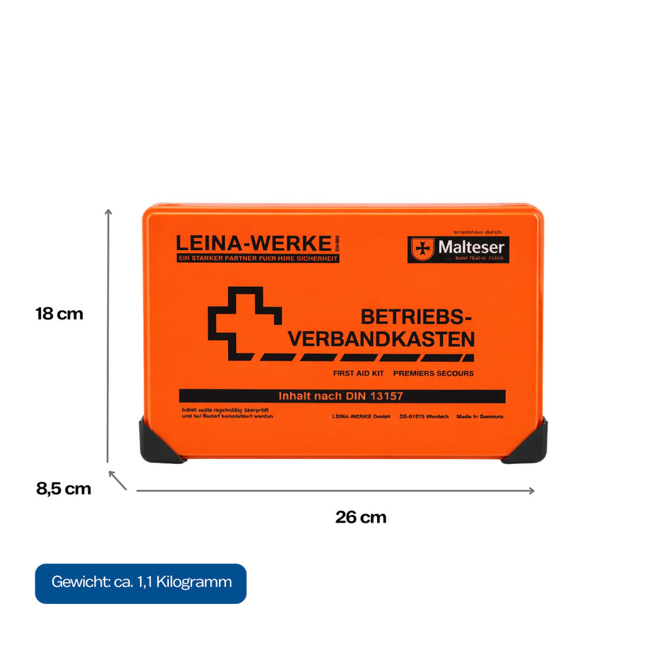 LEINA-WERKE Betriebsverbandkasten Typ C DIN 13157 in Orange mit Maßen 26 x 18 x 8,5 cm