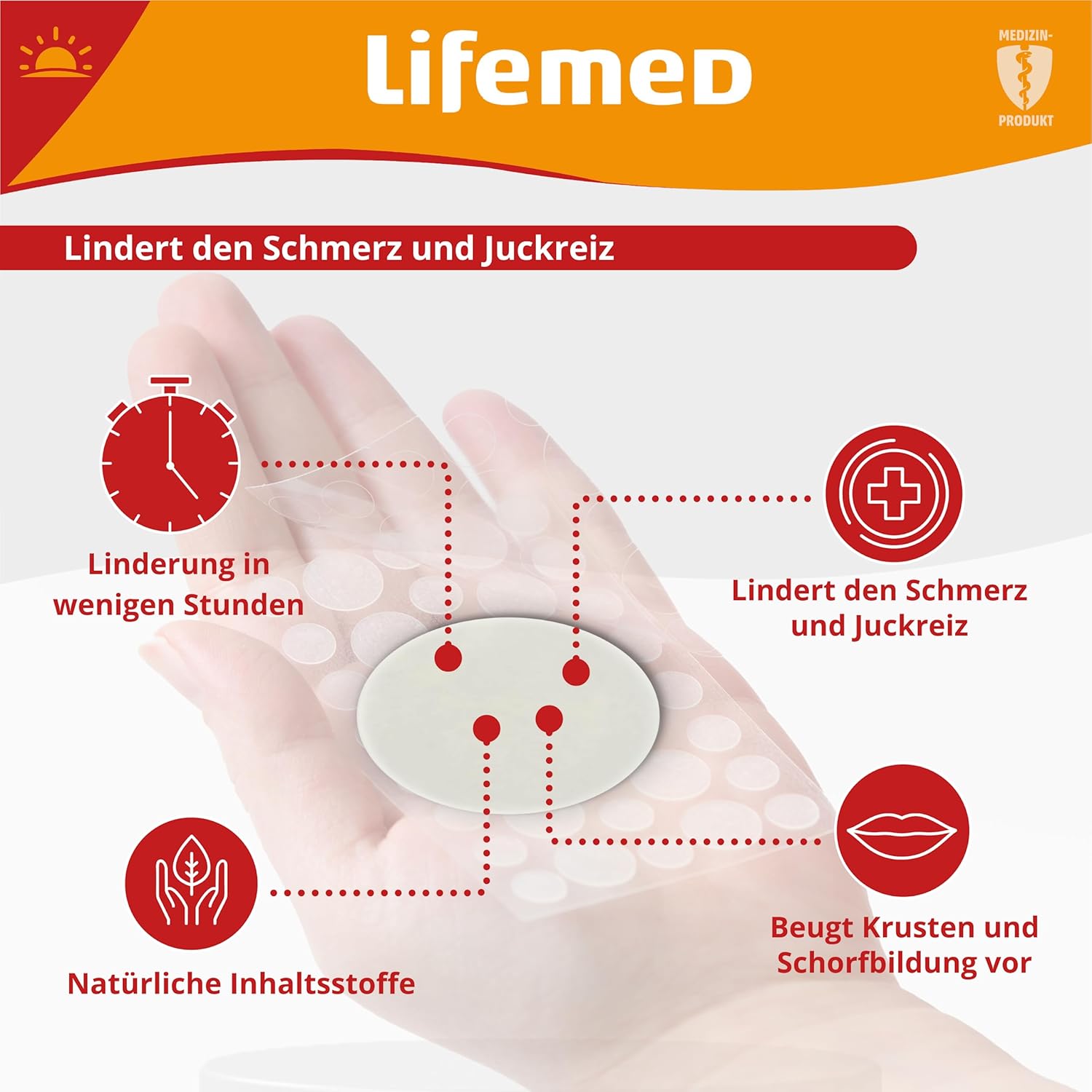 Infografik Lifemed Herpes-Patches: lindert Schmerz und Juckreiz, natürliche Inhaltsstoffe, beugt Krustenbildung vor