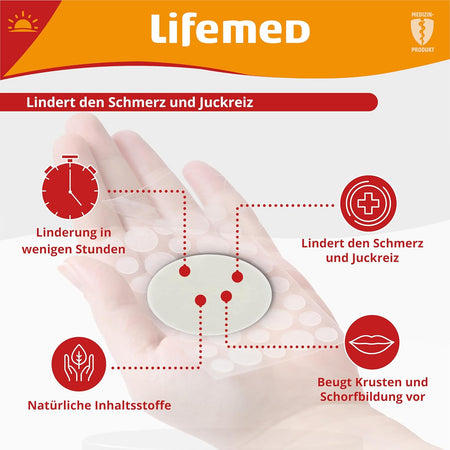 Infografik Lifemed Herpes-Patches: lindert Schmerz und Juckreiz, natürliche Inhaltsstoffe, beugt Krustenbildung vor