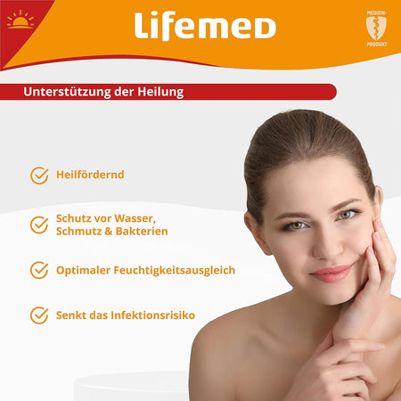 Infografik Lifemed Herpes-Patches: Unterstützung der Heilung – Schutz vor Wasser/Schmutz/Bakterien, Feuchtigkeitsausgleich