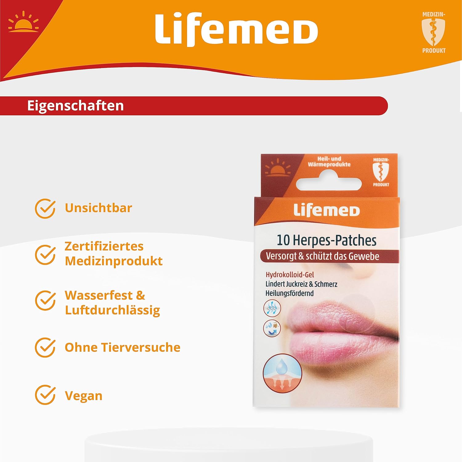 Infografik Lifemed Herpes-Patches Eigenschaften: unsichtbar, zertifiziertes Medizinprodukt, wasserfest & luftdurchlässig, vegan