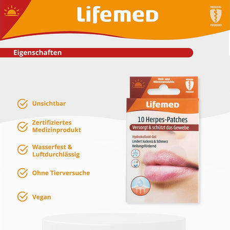Infografik Lifemed Herpes-Patches Eigenschaften: unsichtbar, zertifiziertes Medizinprodukt, wasserfest & luftdurchlässig, vegan