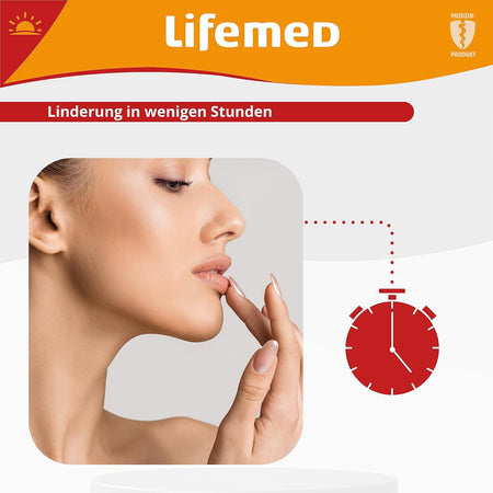 Infografik: Lifemed Herpes-Patches – Linderung in wenigen Stunden, Frau berührt die Lippe, Stoppuhr-Symbol