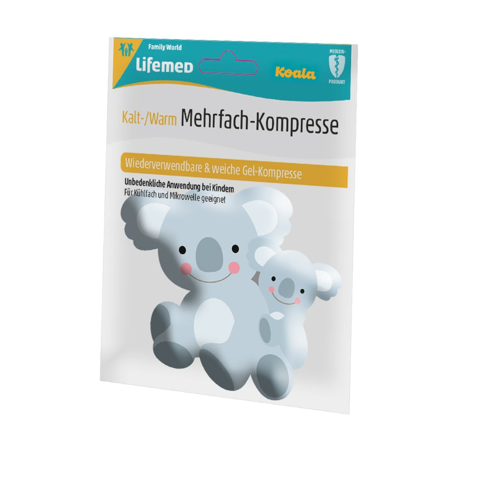 Bild eines Kalt-Warm-Kompressen-Produkts in Form eines Koalas. Die Kompresse hat eine weiche, kuschelige Textur mit einem freundlichen Koala-Gesicht und charakteristischen Ohren. Die Farben sind sanft und ansprechend, in Braun- und Grautönen. Die Augen des Koalas sind groß und einladend, was dem Produkt ein kindgerechtes Design verleiht. Sie wird in einer aufrechten Position präsentiert, um ihre Form zu betonen.