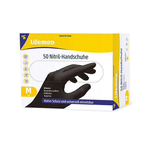 Schwarze Nitrilhandschuhe der Marke Lifemed in Größe M sind auf einem neutralen Hintergrund abgebildet. Die Handschuhe sind aus einem strapazierfähigen, latexfreien Material gefertigt und bieten eine optimale Passform und Flexibilität. Die glatte Oberfläche der Handschuhe ist glänzend und hebt sich deutlich ab. Sie sind ideal für den Einsatz in der Medizin, im Lebensmittelbereich oder bei Reinigungsarbeiten.