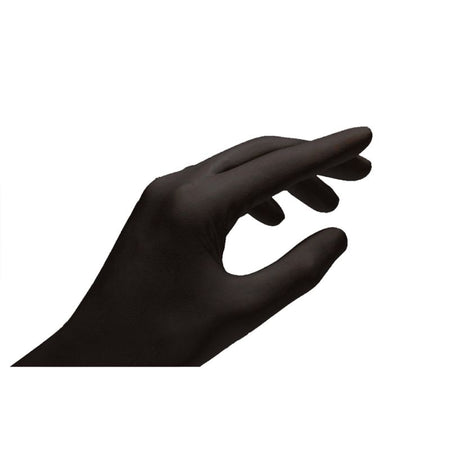 Schwarze Nitrilhandschuhe liegen auf einer neutralen, hellen Oberfläche. Die Handschuhe sind unbenutzt und zeigen eine glatte, matte Textur, die für eine bequeme Passform und guten Gripp sorgt. Sie sind handschuhförmig geformt und eignen sich für verschiedene Anwendungen wie Medizin, Gastronomie und Reinigungsarbeiten. Das Design ist praktisch und hygienisch, ohne störende Muster oder Logos, was ihre Vielseitigkeit betont.