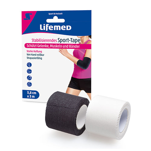 Bild eines Sporttapes in einem verpackten Zustand. Das Tape hat eine Breite von 3,8 cm und eine Länge von 3 m. Die Verpackung ist in einem klaren, modernen Design gehalten und zeigt das Produkt deutlich. Das Tape selbst ist in einem hellen, auffälligen Farbton gehalten, möglicherweise Blau oder Schwarz. Es ist auf einem weißen Hintergrund abgebildet, der die Aufmerksamkeit auf die Rolle lenkt.