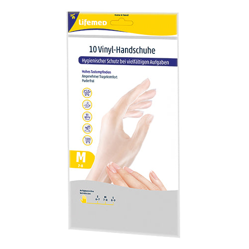 Bild eines Pakets mit nicht-latex Vinylhandschuhen der Größe M. Das Verpackungsdesign zeigt eine transparente Sichtfensteröffnung, durch die die weißen Handschuhe sichtbar sind. Die Vorderseite des Pakets ist farbenfroh gestaltet, mit einem klaren Titel und Illustrationen, die den Einsatzbereich der Handschuhe, wie im Gesundheitswesen oder bei der Reinigung, angeben. Die Handschuhe sind hygienisch verpackt, um ihre Sauberkeit zu gewährleisten.