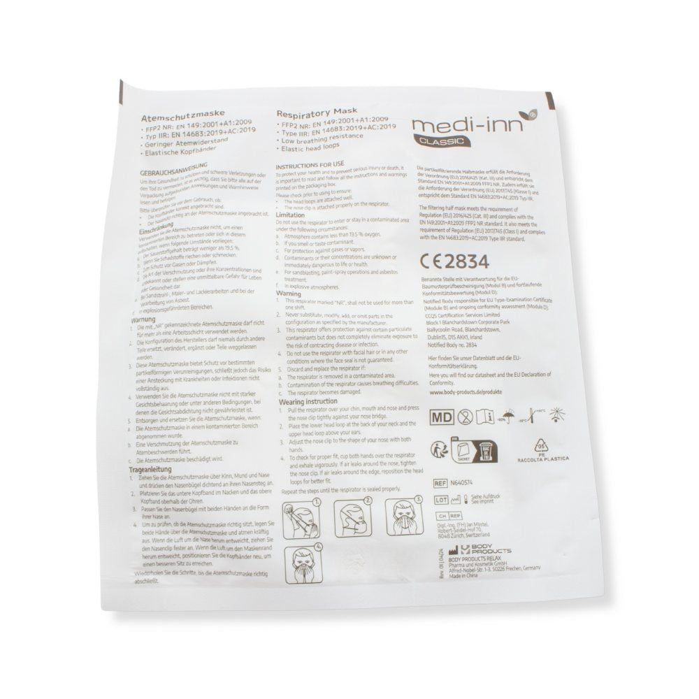 Rückseite Beipackzettel/Anleitung zur medi-inn FFP2 Maske