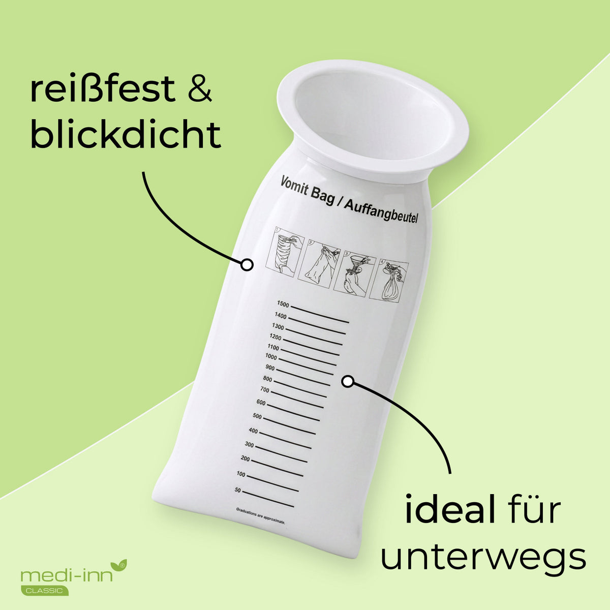 medi-inn Auffangbeutel Plus auf grünem Hintergrund, blickdicht und reißfest, ideal für unterwegs