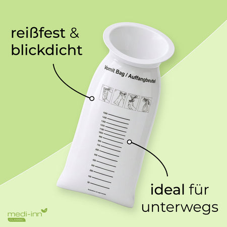 medi-inn Auffangbeutel Plus auf grünem Hintergrund, blickdicht und reißfest, ideal für unterwegs