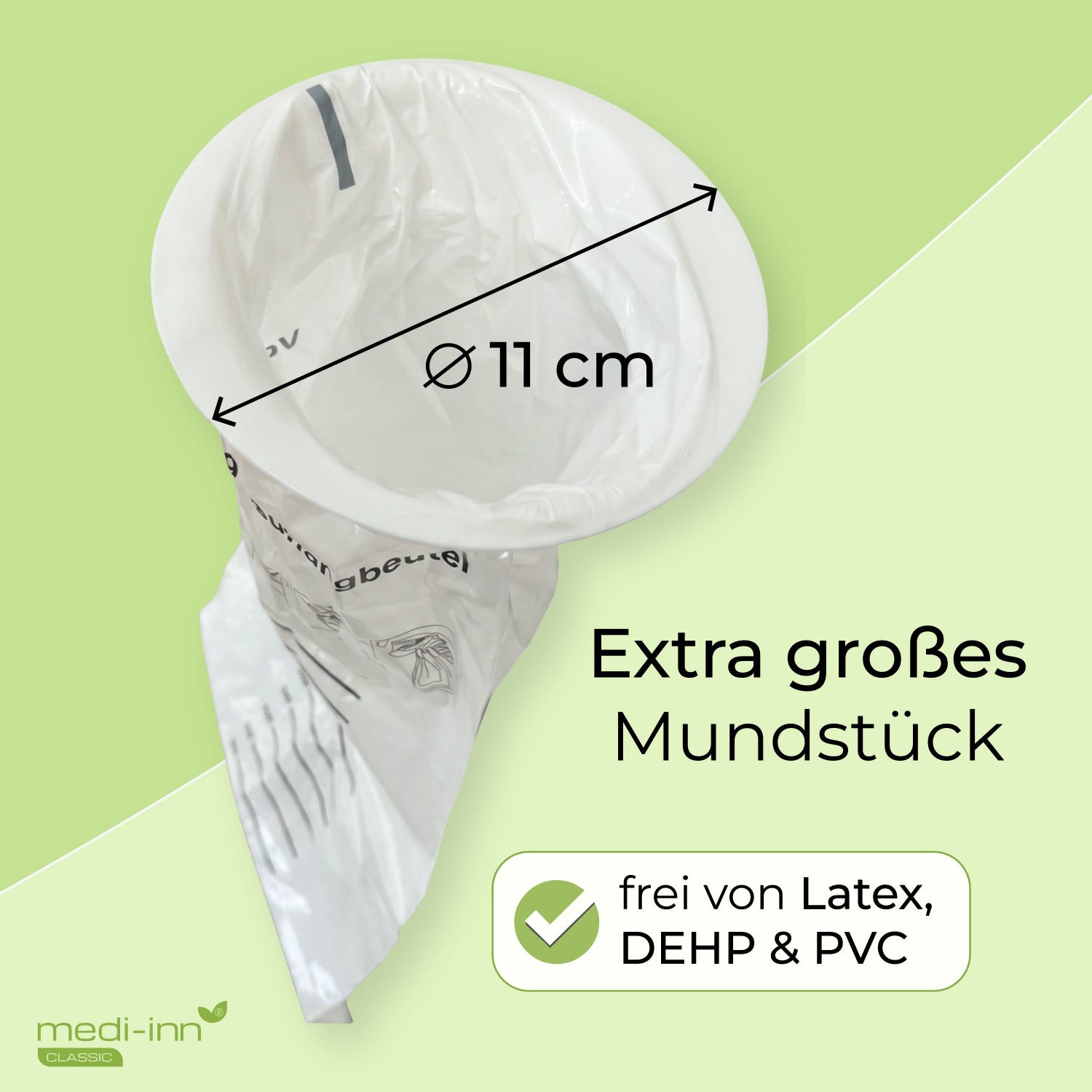 Nahaufnahme des Auffangbeutels Plus mit extra großem Mundstück Ø 11 cm, frei von Latex, DEHP und PVC