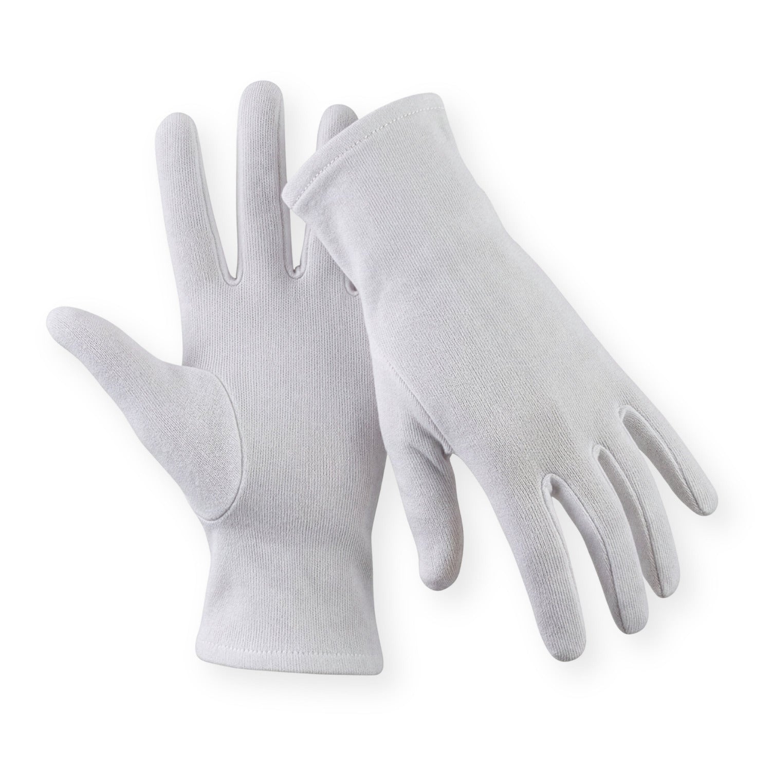 Weiße medi-inn Classic Baumwollhandschuhe auf hellem Hintergrund, ein Handschuh frontal und ein Handschuh seitlich dargestellt.