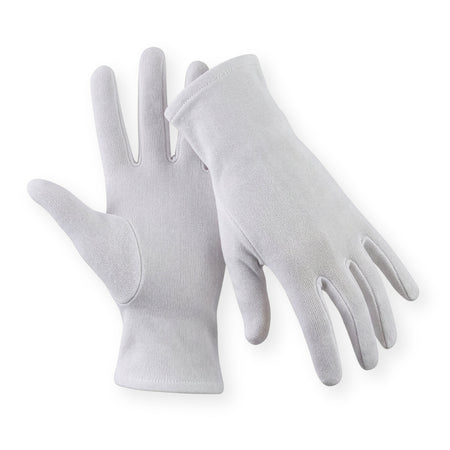 Weiße medi-inn Classic Baumwollhandschuhe auf hellem Hintergrund, ein Handschuh frontal und ein Handschuh seitlich dargestellt.