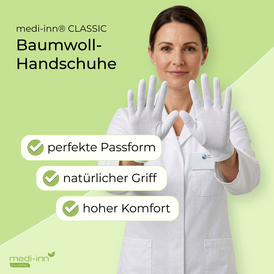 Frau im weißen Kittel trägt weiße medi-inn Classic Baumwollhandschuhe. Im Bild hervorgehoben: perfekte Passform, natürlicher Griff und hoher Komfort.