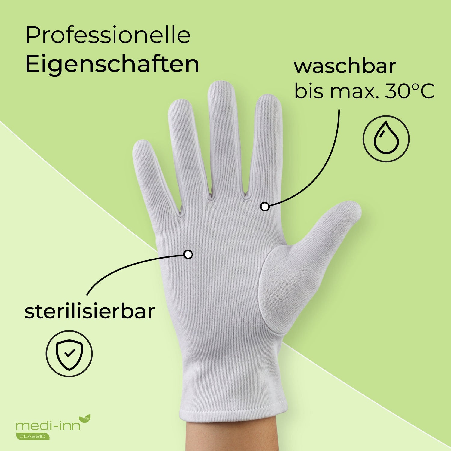Weißer Baumwollhandschuh vor grünem Hintergrund mit Hinweis auf professionelle Eigenschaften: sterilisierbar und waschbar bis maximal 30 °C.