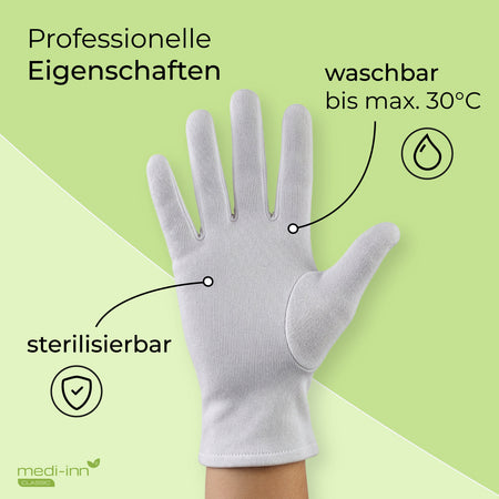 Weißer Baumwollhandschuh vor grünem Hintergrund mit Hinweis auf professionelle Eigenschaften: sterilisierbar und waschbar bis maximal 30 °C.