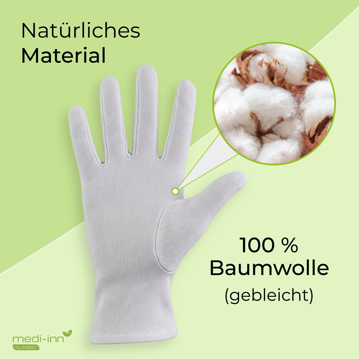 Weißer medi-inn Classic Baumwollhandschuh vor grünem Hintergrund mit Baumwollblüte als Materialhinweis. Text: 100 % Baumwolle, gebleicht.