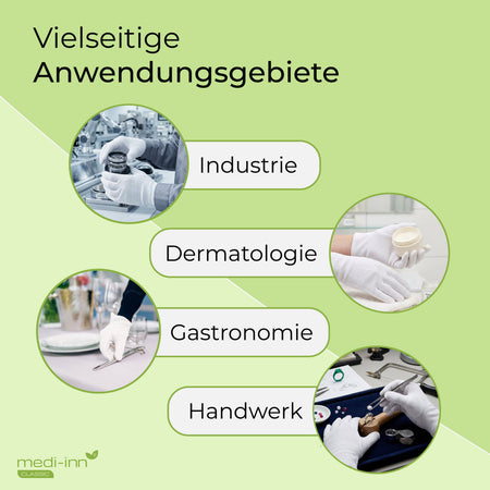 Übersicht zu vielseitigen Anwendungsgebieten der weißen Baumwollhandschuhe: Industrie, Dermatologie, Gastronomie und Handwerk.