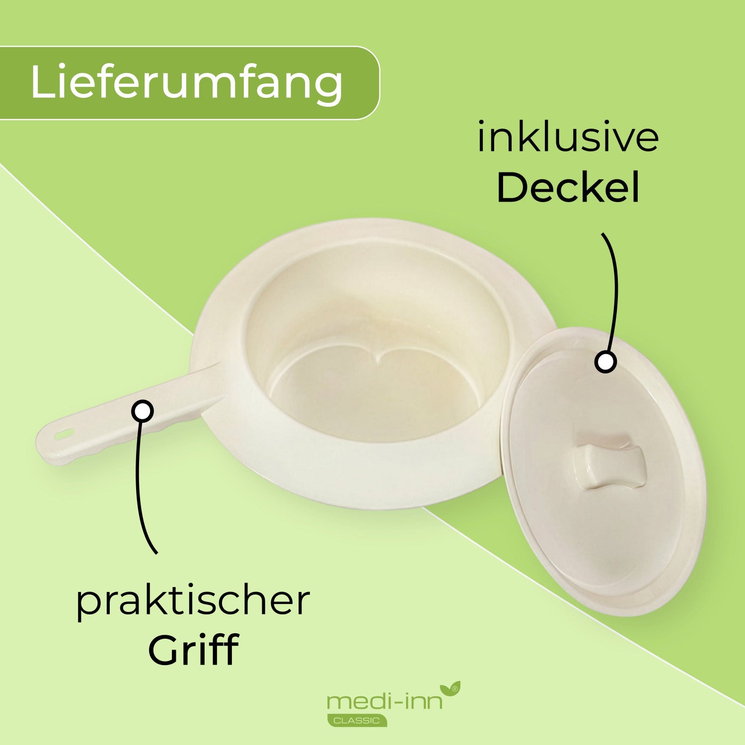 Lieferumfang des MEDI-INN Stechbeckens mit Deckel und praktischem Griff