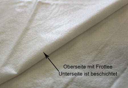 Nahaufnahme: Frottee-Oberseite, beschichtete Unterseite der Bettschutzauflage