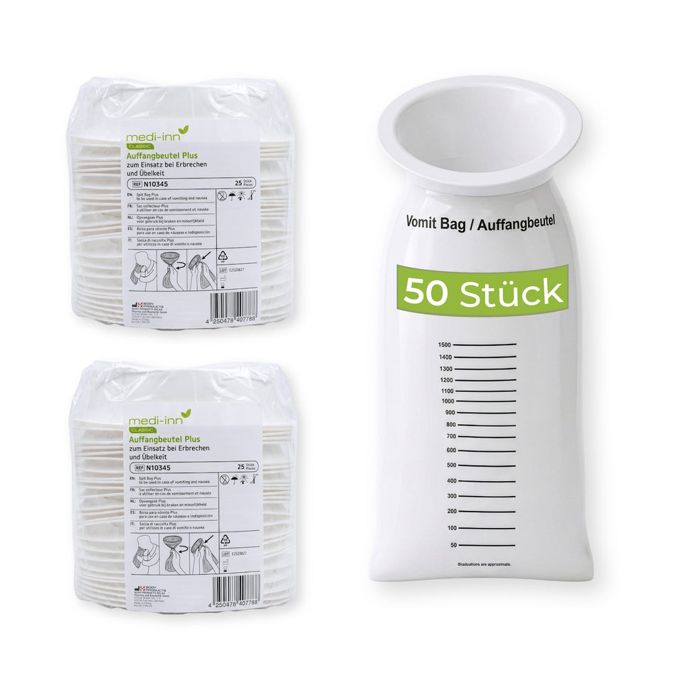 medi-inn CLASSIC Auffangbeutel Plus im 50er-Pack und einzeln aufgefaltet mit Skala und Mundstück.