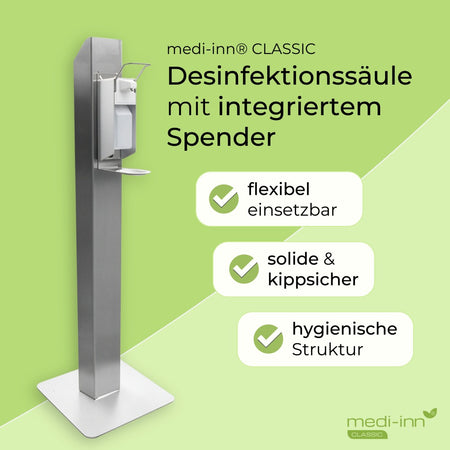 Infografik: Desinfektionssäule mit integriertem Spender – flexibel einsetzbar, solide & kippsicher, hygienische Oberfläche.
