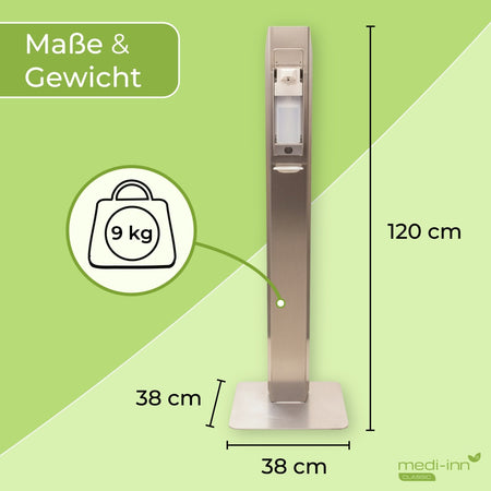 Maße der Desinfektionssäule: 120 cm Höhe, Standfläche 38 × 38 cm (Grafik).