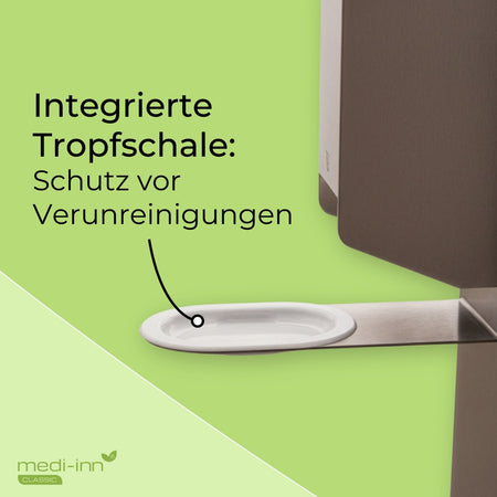 Detail der integrierten Tropfschale an der Desinfektionssäule – Schutz vor Tropfen und Verschmutzungen.