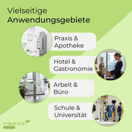 Infografik zu Einsatzbereichen: Praxis & Apotheke, Hotel & Gastronomie, Büro, Schule & Universität.