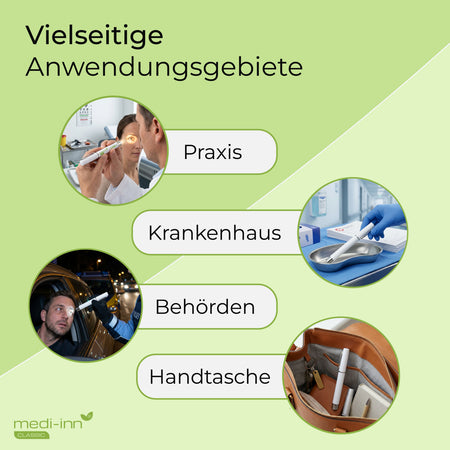 Übersicht zu den Einsatzbereichen der medi-inn Classic Diagnostikleuchte mit Beispielen für Praxis, Krankenhaus, Behörden und Handtasche.