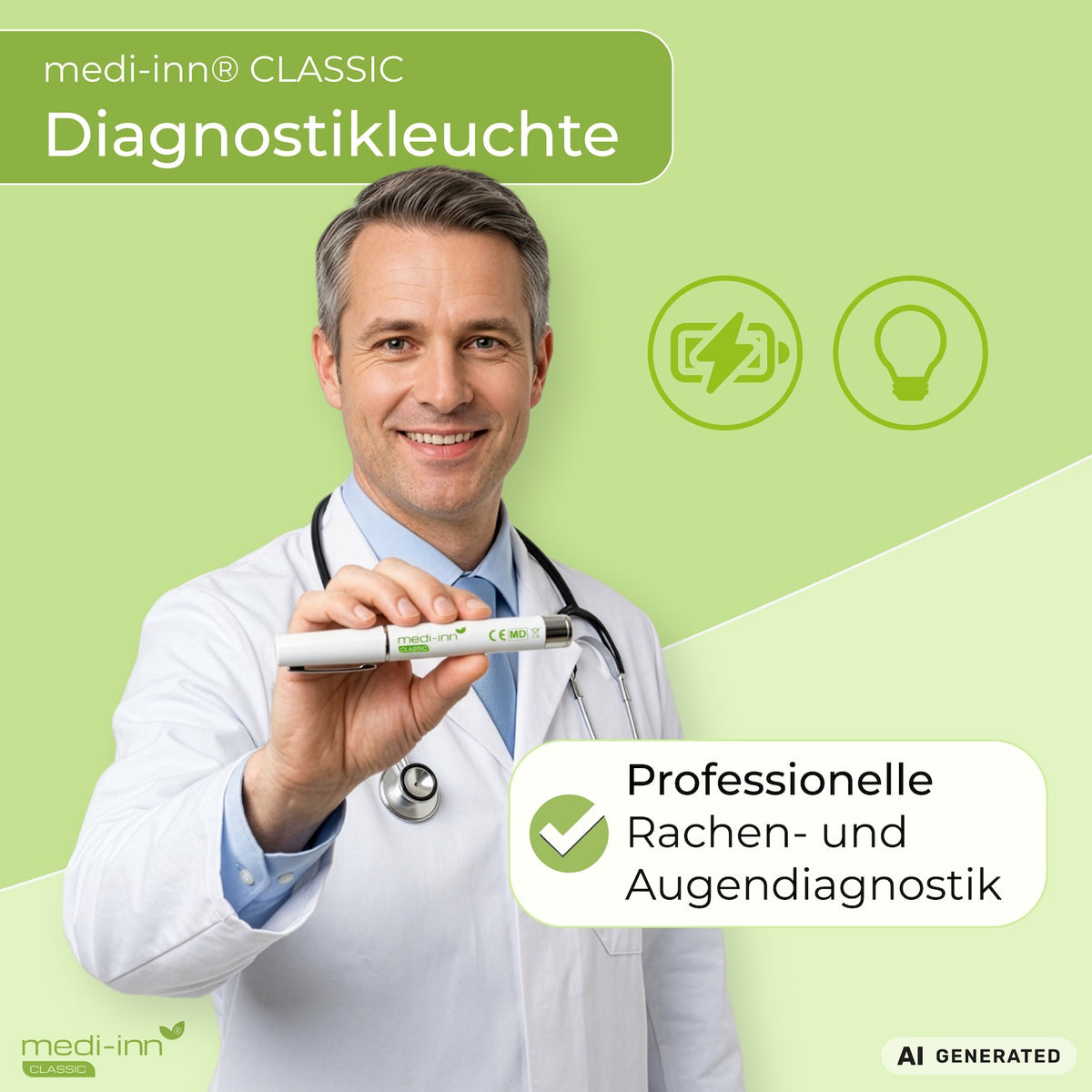 Arzt in weißem Kittel hält die medi-inn Classic Diagnostikleuchte in die Kamera; grüner Hintergrund mit Produktname und Hinweis auf professionelle Rachen- und Augendiagnostik.