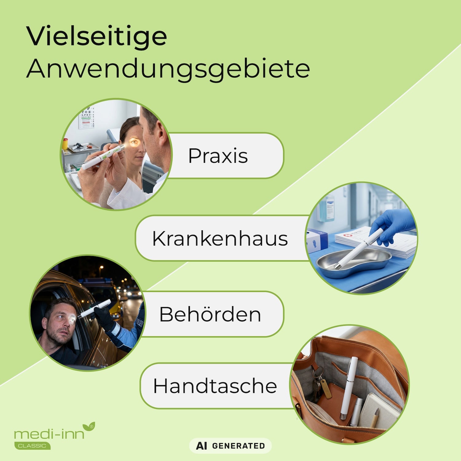 Übersicht zu den Einsatzbereichen der medi-inn Classic Diagnostikleuchte mit Beispielen für Praxis, Krankenhaus, Behörden und Handtasche.